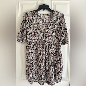 Natural Life Rebecca Dress Women’s XS/S Pink Black VNeck Floral Boho Mini Flowy
